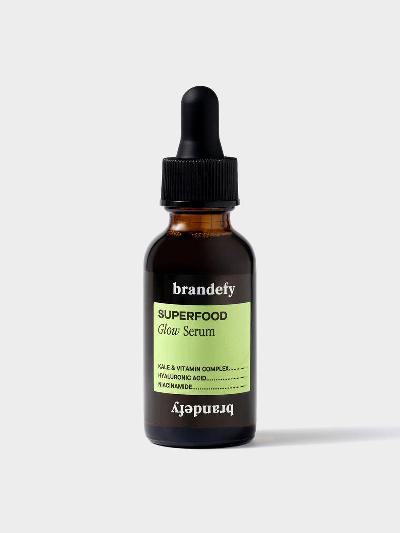Superfood Glow Serum amber dropper bottle with a green label.