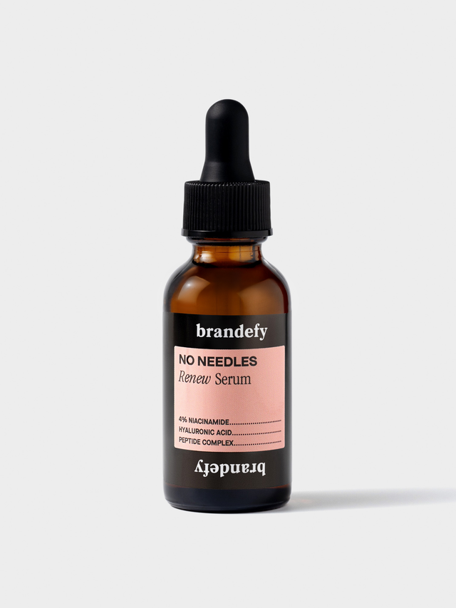 Brandefy No Needles Renew Serum in an amber glass bottle with a black dropper cap and a pink label.