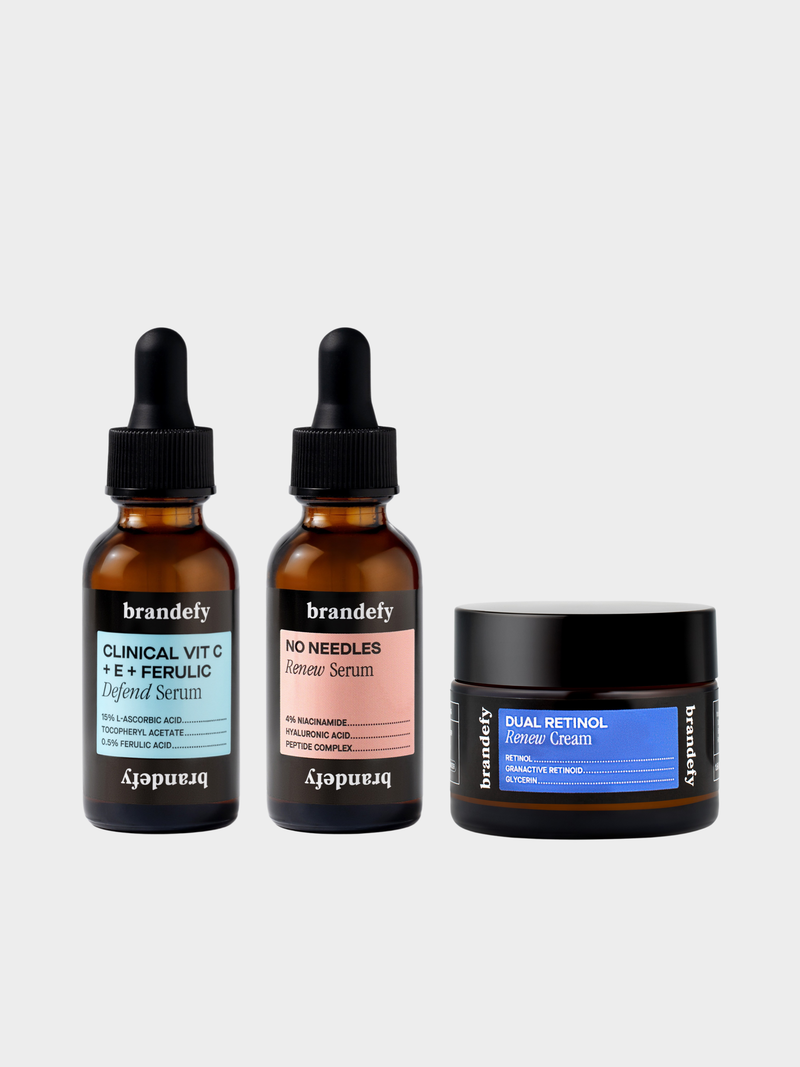 The Collagen and Elasticity Support Bundle: two amber dropper bottles labelled Clinical Vit C + E + Ferulic Defend Serum and No Needles Renew Serum, beside an amber glass jar labelled Dual Retinol Renew Cream.