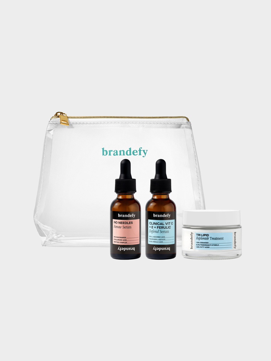 A Brandefy skincare lineup — three bestselling products with a clear pouch on a white background.