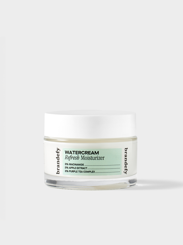 Brandefy WaterCream Refresh Moisturizer in a white jar with a mint green label.
